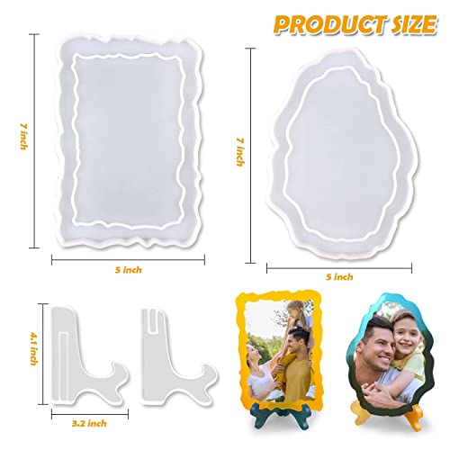 Resin Mold for Photo Frame, 2 Sets of Picture Frame Molds with Stand Holder, Rectangle & Oval of Irregular Edge Silicone Epoxy Molds for DIY Actvty