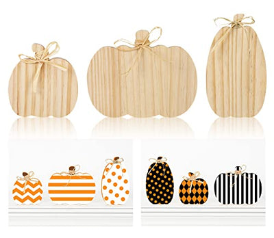 Whaline 3Pcs Unfinished Pumpkin Wooden Cutout with Natural Raffia Pumpkin Shaped Tiered Tray Decor Pumpkin Wooden Table Sign for Fall Thanksgiving