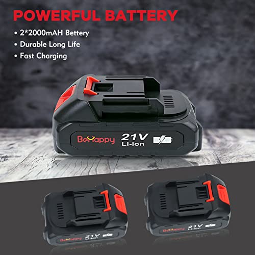 BeHappy Cordless Drill Set, 21V Power Drill Kit, Electric Power Drill Set with 2 Batteries and Charger, 25+3 Torque Setting, 2 Speed, 315 In-lb, LED, BeHappy