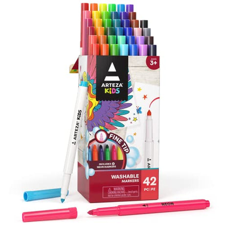 ARTEZA Kids Fine Tip Washable Markers, 42 Bright Colors, 36 Washable Marker Pens and 6 Non-Washable Neon Pens, School Supplies for Kids Ages 3 and Up ARTEZA