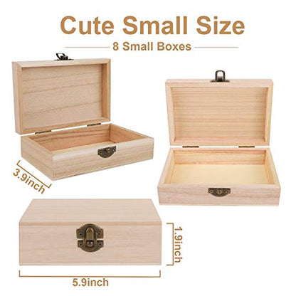 ADXCO 8 Pieces Unfinished Pine Wood Box with Hinged Lid Treasure Boxes with Locking Clasp Treasure Chest Decorate Wooden Boxes for DIY Crafting Gift