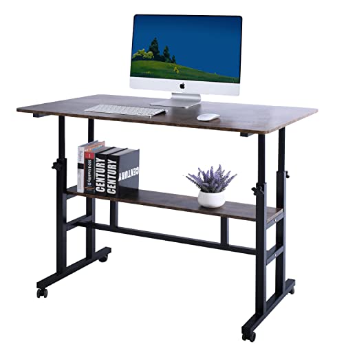 AIZ Adjustable Computer Double-Layer, Rolling Wheels Home Office Workstation, Portable Laptop Table Sitting, Adults or Children,Black Mobile Standing