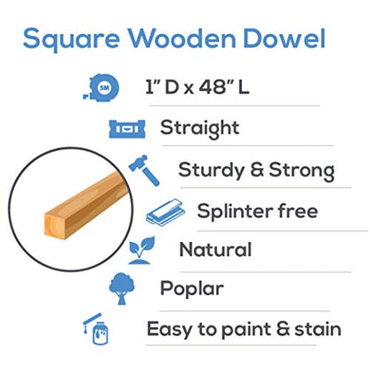 Wood Square Dowel Rods 1 inch x 48 Pack of 25 Wooden Craft Sticks for Crafts and Woodworking by Woodpeckers