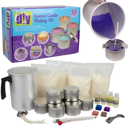 iDIY Scented Candle Making Supplies Kit (Large 55 Piece Set) -Includes 4 lb All Natural Soy Wax Chips, 12 Tins, Scents, Coloring, Wicks, Thermometer, DIY by Maddie Rae