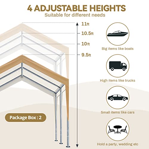 ADVANCE OUTDOOR 10x20 ft Steel Carport with Adjustable Height from 9.5 to 11 ft, Heavy Duty Car Canopy Garage Party Tent Boat Shelter Portable, Beige - WoodArtSupply