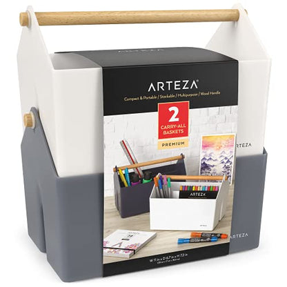 Arteza Plastic Portable Craft Storage Organizer, Pack of 2, Gray and Ivory, 3-Sectioned Plastic Basket with Handle, Caddy Organizer for Art Supplies, - WoodArtSupply