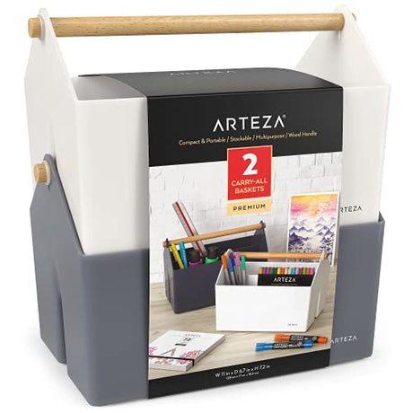 Arteza Plastic Portable Craft Storage Organizer, Pack of 2, Gray and Ivory, 3-Sectioned Plastic Basket with Handle, Caddy Organizer for Art Supplies, ARTEZA