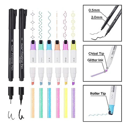 Funto Curve Highlighter Pen Set for Note Taking, 8 Pens, Dual-Tip with 6 Curve Shapes, 6 Glitter Chisel Tips, 2 Fineliner Pens, Ideal for - WoodArtSupply