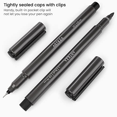 ARTEZA Micron Pens, Set of 10 Black Ink Archival Fineliners, Quick-Dry, Assorted Sizes Calligraphy Pens (from 0.2mm to 7.9mm), Smudge-Proof