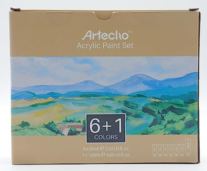 Artecho Acrylic Paint Set, 7 Primary Colors - 6x2.02oz/60ml & 1x4.05oz/120ml Titanium White Tubes, Art Craft Paints for Canvas, Rock, Wood, Fabric, - WoodArtSupply