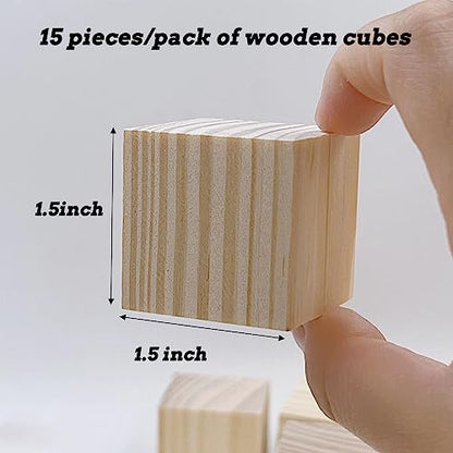 Wood Blocks for Crafts, 1.5 inch Unfinished Wood Cubes, 15 Pcs Natural Wooden Blocks, Wood Square Blocks, Wooden Cubes for Arts and DIY Projects, - WoodArtSupply