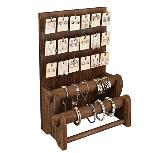 Ikee Design Wood Jewelry Holder Organizer Stand with 18 Hooks and Removable Holders,Earring and Bracelet Organizer,2 Tier Jewelry Tree Storage Tower, Ikee Design