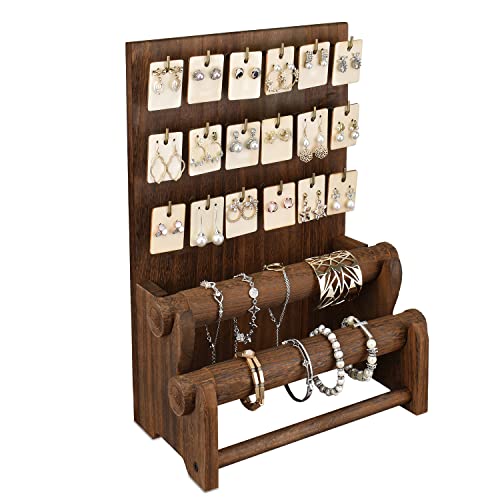 Ikee Design Wood Jewelry Holder Organizer Stand with 18 Hooks and Removable Holders,Earring and Bracelet Organizer,2 Tier Jewelry Tree Storage Tower,