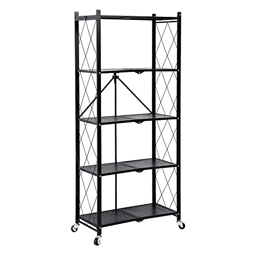 HealSmart 5-Tier Heavy Duty Foldable Metal Rack Storage Shelving Unit with Wheels Moving Easily Organizer Shelves Great for Garage Kitchen, Black HealSmart