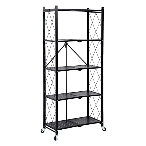 HealSmart 5-Tier Heavy Duty Foldable Metal Rack Storage Shelving Unit with Wheels Moving Easily Organizer Shelves Great for Garage Kitchen, Black - WoodArtSupply