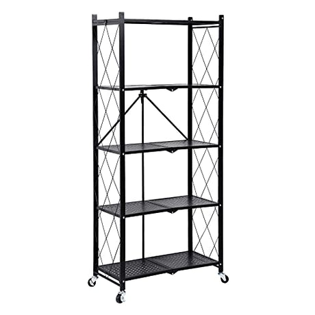 HealSmart 5-Tier Heavy Duty Foldable Metal Rack Storage Shelving Unit with Wheels Moving Easily Organizer Shelves Great for Garage Kitchen, Black HealSmart