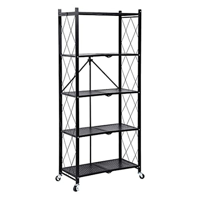 HealSmart 5-Tier Heavy Duty Foldable Metal Rack Storage Shelving Unit with Wheels Moving Easily Organizer Shelves Great for Garage Kitchen, Black