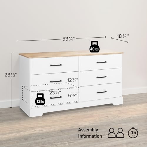 Prepac Rustic Ridge 6 Drawer Dresser, 18.25" D x 53.25" W x 28.5" H, White & Oak Prepac