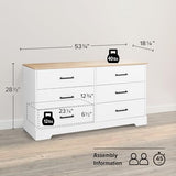 Prepac Rustic Ridge 6 Drawer Dresser, 18.25" D x 53.25" W x 28.5" H, White & Oak Prepac