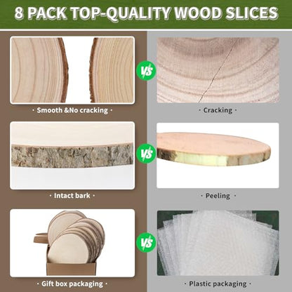 Wood Slices10-11Inch Wood Rounds 8 Pcs Unfinished Wood Slices for Centerpieces,Wood Cookies,Wood Slabs Natural Wood Slices for Crafts, Wedding Wood