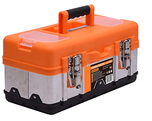 Edward Tool Stainless Steel Tool Box 16” - Small Metal Organizer Box with Removable Storage Tray - Ergo Handle - Secure Steel Latch - Quick Access Edward Tools