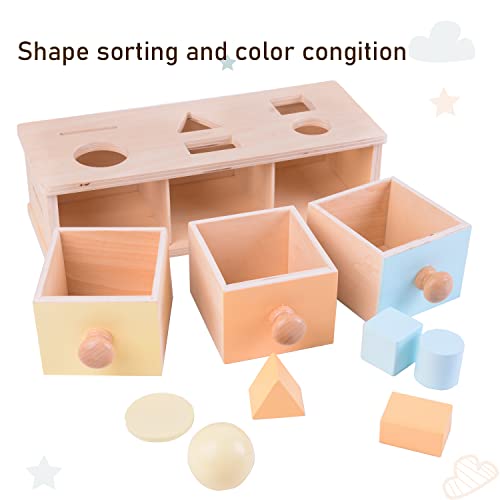 MORITECK Montessori 3 in 1 Object Permanence Box Coin Box Shape Sorter for 8 Months up Baby Wooden Toy for Boy Girls Christmas Birthday Gift MORITECK