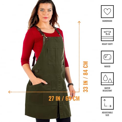 Under NY Sky Cargo Green Apron – Cross-Back with Leather Straps, Heavy-Duty Waxed Canvas and Split-Leg – Adjustable for Men and Women – Pro Under NY Sky