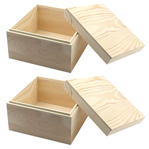 MY MIRONEY 2Pcs Wooden Unfinished Storage Box with Top Lid 5.91" x 5.91" Square Wooden Pine Box DIY Craft Stash Boxes Gift Box for Arts Hobbies and
