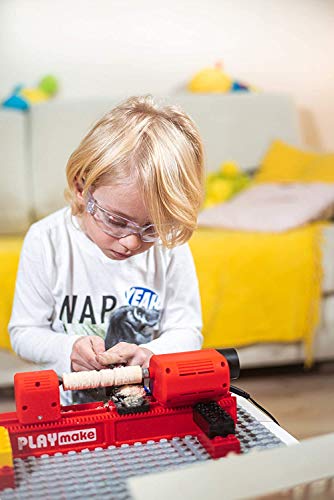 PLAYmake 4 in 1 Child-Safe Wood Workshop | World’s Only Kid-Friendly Working Jigsaw | Cuts Through Soft Wood with No Risk of Injury | Secure Base to The Cool Tool