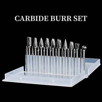 Carbide Burr Set, Die Grinder Bits, 20 Pcs 1/8" Shank Double Cut Tungsten Carbide Rotary Burrs Set Compatible with Dremel for Metal Carving Wood