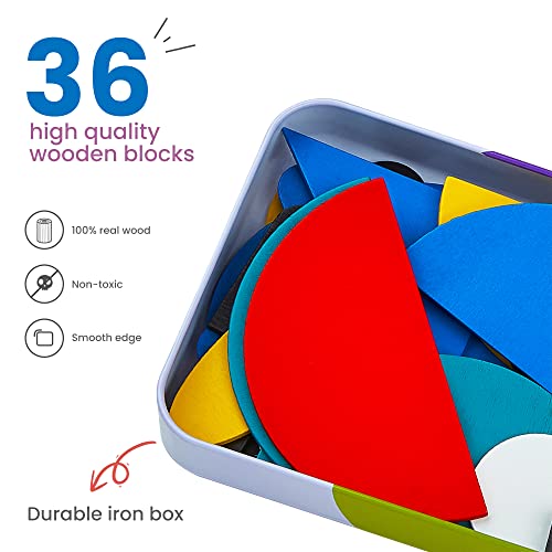 LiKee Wooden Pattern Blocks Jigsaw Puzzle Montessori Toys Sorting and Stacking Games for Toddlers Kids Boys Girls Age 3+ Years Old (36 Shape Pieces& LiKee