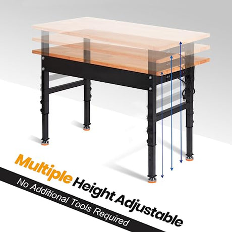 48" Adjustable Work Bench, Rubber Wood Top Heavy-Duty Workbench with Power Outlet, 2000 LBS Load Capacity Hardwood Worktable, for Garage, Workshop, Polar Aurora