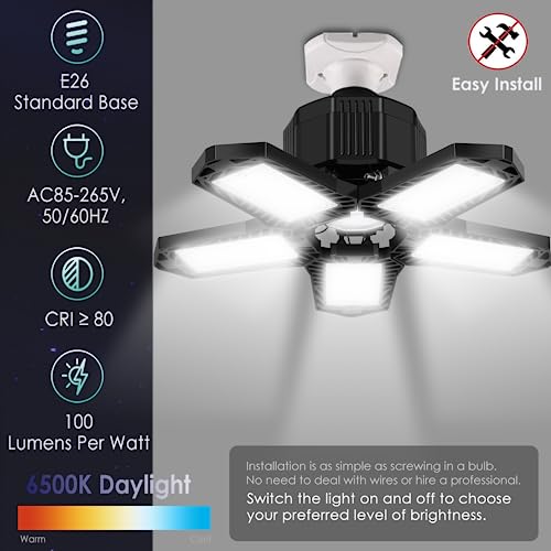 BRAINIAC LED Garage Light Bulbs, 100W 10000LM Super Bright Garage Lighting with 5 Adjustable Panels, E26/E27 Screw-in Deformable Led Garage Ceiling BRAINIAC