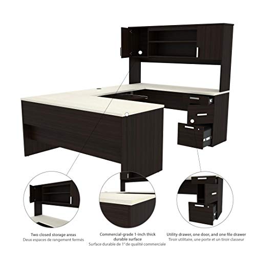 Bestar Ridgeley U-Shaped Executive Desk with Pedestal and Hutch in, 65W, White Chocolate Bestar