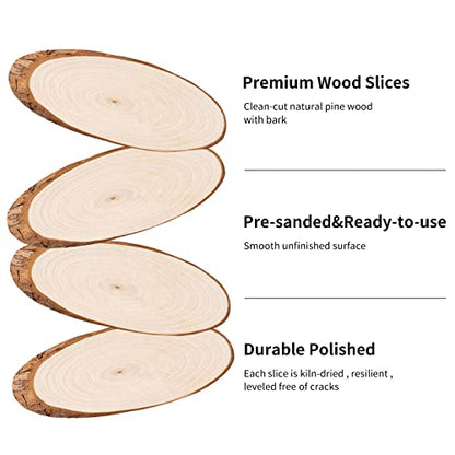 FEZZIA Natural Wood Slices, 3PCS Unfinished Oval Shaped Wood kit Predrilled with Bark for Christmas Decorations, DIY Crafts, Wedding Ornaments,