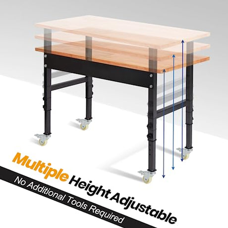 48" Adjustable Work Bench, Rubber Wood Top Heavy-Duty Workbench with Wheels, 2000 LBS Load Capacity Hardwood Worktable, for Garage, Workshop, Home, Polar Aurora