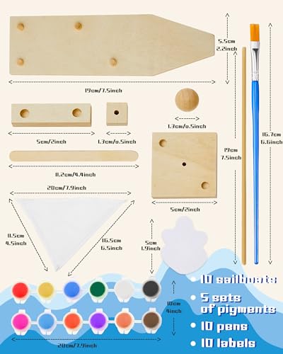 Jenaai 10 Pcs DIY Wooden Boat Kits Wooden Sailboat to Paint Decorate Unfinished Wood Blank Craft Model Boat Toy Sailboat Building Activities for Kids Jenaai