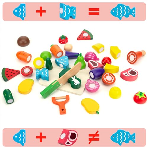 Wooden Play Food Sets for Kids Kitchen Cutting Fruits Vegetables and Meat Pretend Play Toddler Toys Food Montessori Toys Gift for Boys and Girls