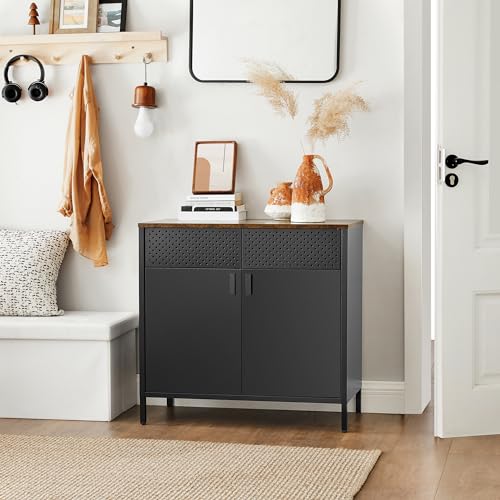 SONGMICS Storage Sideboard, Buffet Table with Adjustable Shelves, Floor Storage Cupboard, Steel Frame, Rustic Brown and Black ULSC102B01 SONGMICS