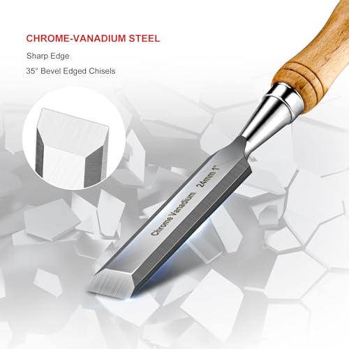 HUATMEC Wood Chisels Set of 4, Carbon Steel Beveled Edge Blade, Beech Handle for Woodingworking and Carving HT0315 HAUTMEC