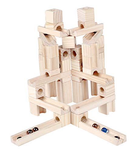 Marble Run Toys, 60 Pieces Wooden Classic Ramps Track Building Construction Set for Children Toddler Golden Age