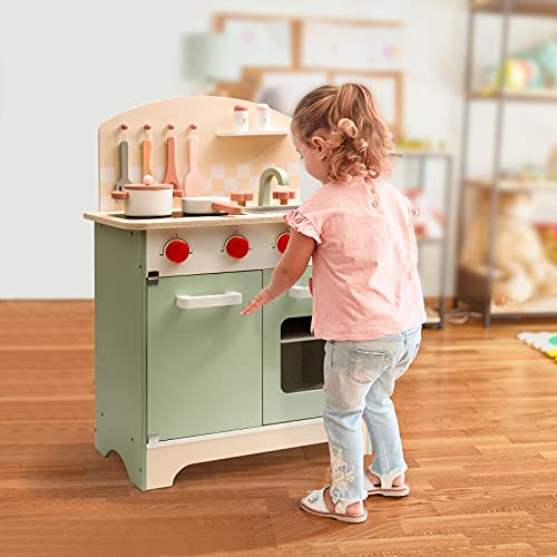 ROBOTIME Wooden Kitchen Playset for Kids Toddler, Wood Chef Pretend Play Kitchen Preschool Toy Kitchen Sets for Kids Boys Girls Ages 3 to 8 (Green) ROBOTIME