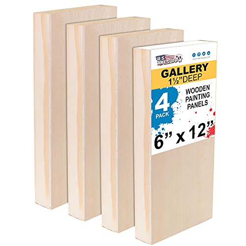 U.S. Art Supply 6" x 12" Birch Wood Paint Pouring Panel Boards, Gallery 1-1/2" Deep Cradle (Pack of 4) - Artist Depth Wooden Wall Canvases - Painting U.S. Art Supply