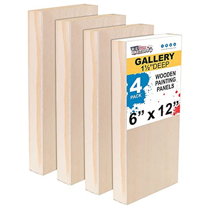 U.S. Art Supply 6" x 12" Birch Wood Paint Pouring Panel Boards, Gallery 1-1/2" Deep Cradle (Pack of 4) - Artist Depth Wooden Wall Canvases - Painting
