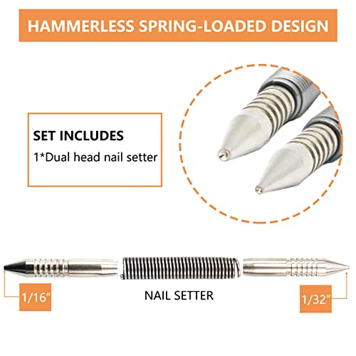 WHLLING Dual Head Nail Setter, Hammerless 1/32″& 1/16″ Spring Nail Set, 3500 PSI Striking Force Counter Punch