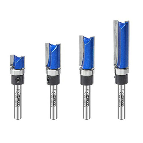 KOWOOD Plus Pattern Flush Trim Router Bit Set, 1/4 Inch Shank, Top Bearing Flush Trim Bit Kit. Cutting Height in 25/64”, 3/4”, 1”, 1-1/2”. With KOWOOD