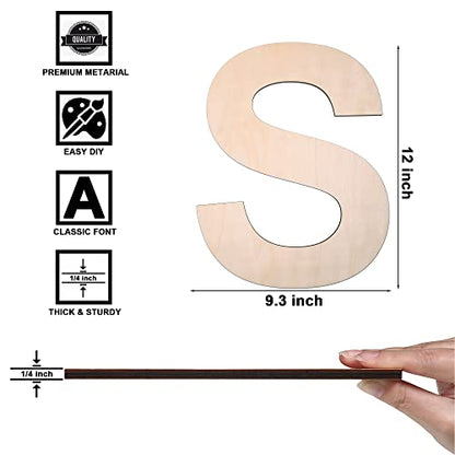 12 Inch Wooden Letter S, 1/4 Inch Thick Large Unfinished Wood Letter for DIY Crafts Home Wall Decor
