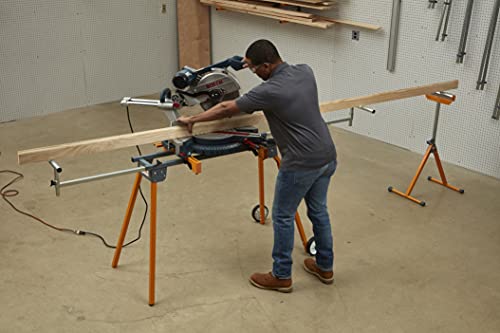 BORA Portamate Heavy Duty Folding Miter Saw Stand with Wheel Kit and Adjustable Pedestal Roller, Heavy Duty Pro Workstand with Additional Outfeed Bora