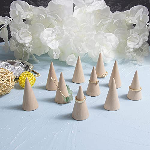 AUEAR, 10 Pack Wood Cone Ring Holder Finger Jewelry Display Stand DIY Craft Wooden Cone (Natural, Vertical Shaped)