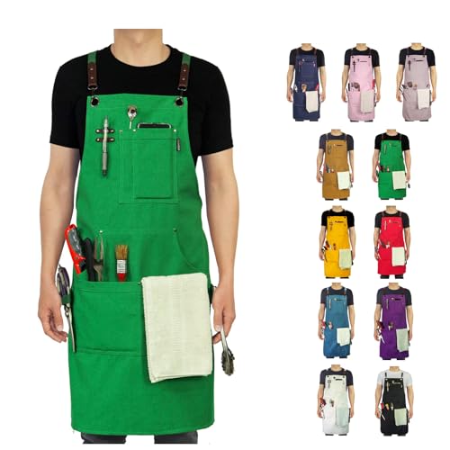Stenffy Handmade Work Apron, Cotton Canvas, Multiple Pockets, Adjustable Cross Back Weight Apron, BBQ Cafe Kitchen Painting Carpenter Artist Apron, Stenffy